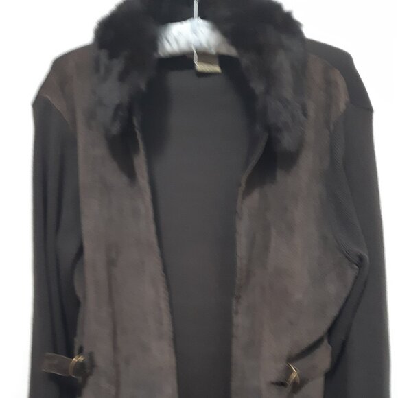 Brown sweater with suede front and removable fur collar Size L - Picture 1 of 6